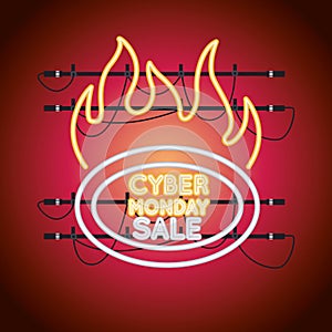 Cyber monday sale neon light with label onfire