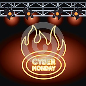Cyber monday sale neon light with label onfire and lamps
