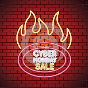 Cyber monday sale neon light with label onfire in wall