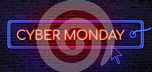 Cyber Monday sale neon sign. Brick wall as a background. Seasonal sale, shopping and store concept