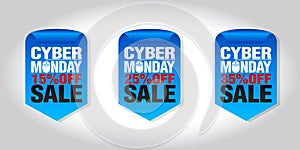 Cyber monday sale set of badges 15%, 25%, 35% off