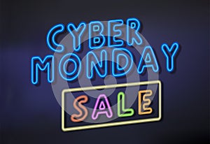 Cyber monday sale sign. Neon big discounts logo. Vector bright blue, red, purple, green and orange text with shadows on