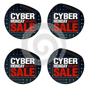 Cyber monday sale stickers set 50%, 55%, 60%, 70% off