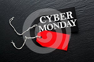 Cyber Monday Sale tags on dark background