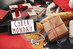 Cyber Monday sale text on phone screen. Special discount christmas offer. Phone with advertising message at credit