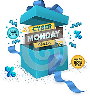 Cyber Monday Sale Text with Realistic Open Gift Box, Confetti and Ribbon