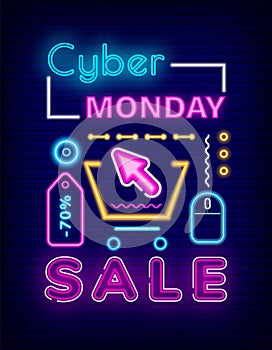 Cyber Monday Sale Neon Icons, Promotional Poster