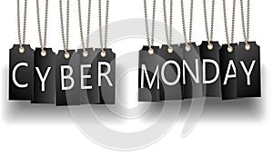 Cyber Monday sale web site display black hang tags.