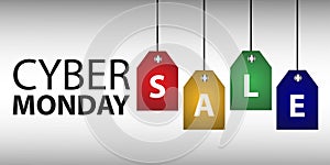 Cyber Monday sale website display with colorful hang tags vector promotion