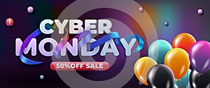Cyber monday sale white lettering with curve ribbon and balloons. Holiday shopping. Colorful background. Vector illustration.