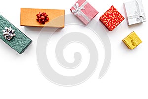 Cyber monday sales with boxes for christmas gifts on white background top view mock up