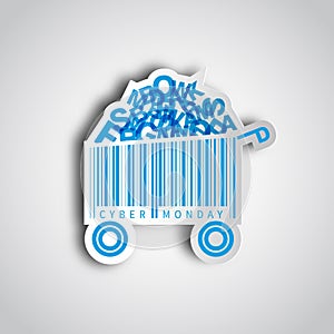 Cyber monday simple card desing with shopping cart barcode in pa