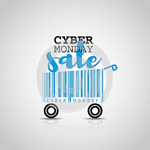 Cyber monday simple card desing with shopping cart barcode. Sale