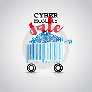 Cyber monday simple card desing with shopping cart barcode. Sale