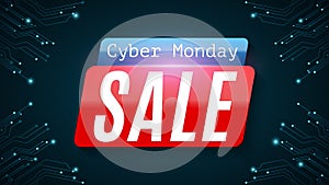 Cyber Monday. Super sale. Hi-tech glowing blue circuit board. Web banner for your project. Modern design. Vector illustration