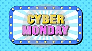Cyber Monday text, online sale. Template of text banner with promo phrase Cyber Monday inside frame with lamps