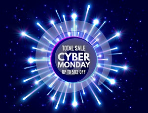 Cyber Monday total sale banner with bright fireworks and sparkles. Blue and violet luminous signboard, nightly advertising. Annual