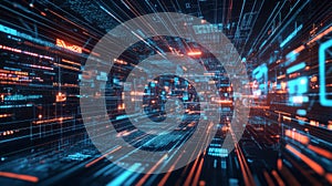 Cyber network of interconnected glowing data in virtual space