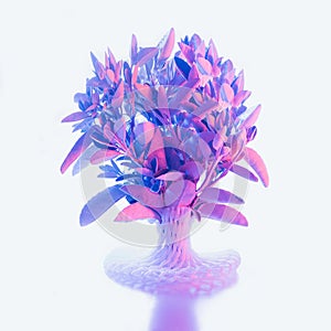 Cyber pank branch in 3d printed vase concept. Minimal atmospheric arrangement with glowing light
