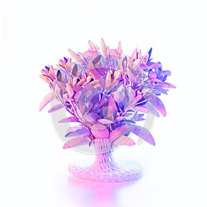 Cyber pank branch in 3d printed vase concept. Minimal atmospheric arrangement with glowing light. Modern minimal arrangment