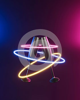 Cyber party futuristic concept of champagne black matte glasses toasting. Neon light circles