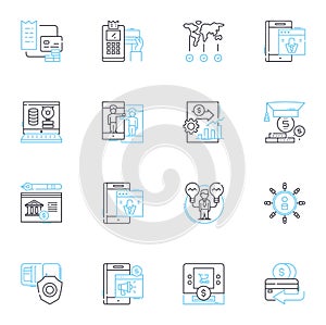 Cyber payment linear icons set. Bitcoin, Cryptocurrency, E-commerce, Online banking, PayPal, Digital wallet, Blockchain