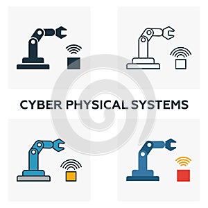 Cyber Physical Systems icon set. Four elements in diferent styles from industry 4.0 icons collection. Creative cyber physical