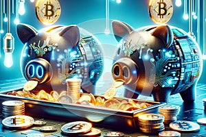 Cyber Piggy Bank Digital Investing Savings Cryptocurrency Circuit Board Electronics Online Money AI Generated