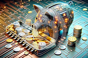 Cyber Piggy Bank Digital Investing Savings Cryptocurrency Circuit Board Electronics Online Money AI Generated