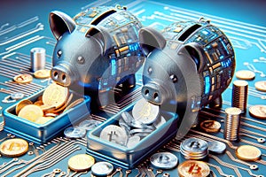 Cyber Piggy Bank Digital Investing Savings Cryptocurrency Circuit Board Electronics Online Money AI Generated