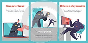 Cyber Police Cartoon Banners. Policeman Character Catching Robber through Computer or Smartphone Screen. Information