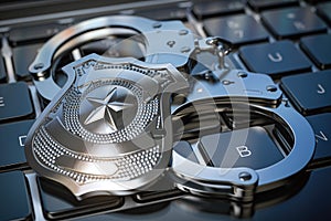 Cyber police and internet crime concept. Handcuffs and police badge on computer keyboard