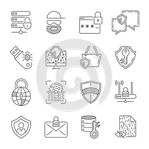 Cyber protection, internet security, online crime. Mechanism of protect , system privacy. Vector illustration. Editable Stroke.