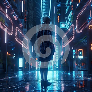 Cyber punk city and girl standing in the middle of the street generative AI illustration