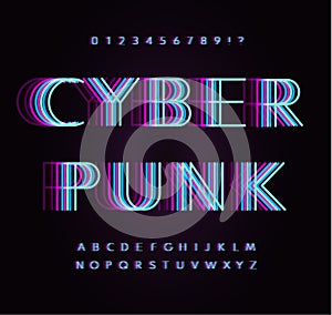 Cyber punk letters and numbers set. Overlay fluorescence colors line style alphabet. Original vector typeface designs