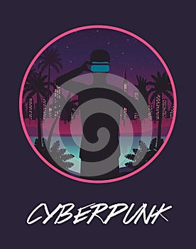 Cyber punk poster with man using virtual reality mask