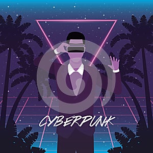 Cyber punk poster with man using virtual reality mask