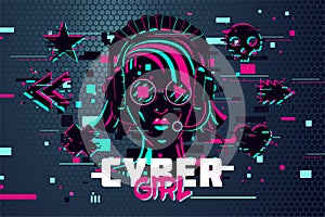 Cyber punk woman. Girl gamer portrait. Video games background, glitch style. Female online user. Vector illustration.