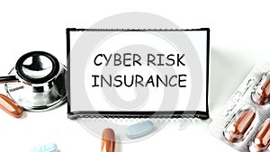 Cyber Risk Insurance text on a business card on a stand on a white background next to pills, medicines