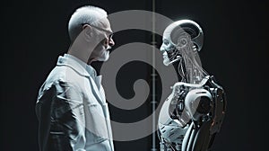 A Cyber Robot Man Pharmacist And A Common Man Pharmacist Facing Each Other