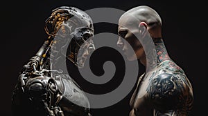 A Cyber Robot Man Tattoo Artist And A Common Man Tattoo Artist Facing Each Other