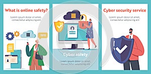 Cyber Safety Cartoon Banners. Computer Security, Internet Privacy, Data Protection, Virtual Network and Cloud Storage