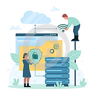 Cyber safety software, digital technology, tiny people protect data in computer, server