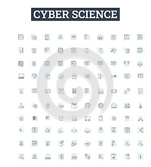 Cyber science vector line icons set. Cybernetics, Cybercrime, Cryptology, Cybersecurity, Robotics, Algorithms