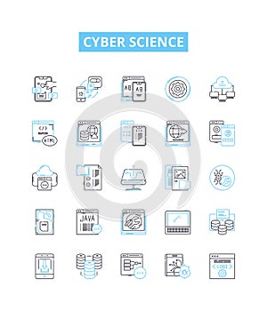 Cyber science vector line icons set. Cybernetics, Cybercrime, Cryptology, Cybersecurity, Robotics, Algorithms