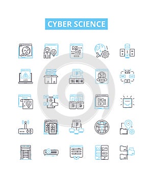 Cyber science vector line icons set. Cybernetics, Cybercrime, Cryptology, Cybersecurity, Robotics, Algorithms