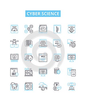 Cyber science vector line icons set. Cybernetics, Cybercrime, Cryptology, Cybersecurity, Robotics, Algorithms