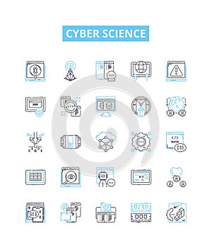Cyber science vector line icons set. Cybernetics, Cybercrime, Cryptology, Cybersecurity, Robotics, Algorithms