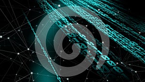 Cyber security abstract binary lines and machine learning of binary numbers, code, and artificial intelligence in face of cyber