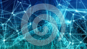 Cyber security ai, big data security technology, computer science algorithm word, abstract backdrop